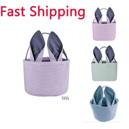 NEWBunny Ears Striped Bucket Favor Easter Rabbit Basket Seersucker Candy Bag Outdoor Portable Pouch ZZB13097