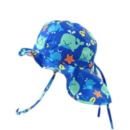 Summer Baby Sun with Neck Flap Child Outdoor Swimming Cap Kids Toddle Boys Cartoon Fish Beach Hats Large Brim Y200714