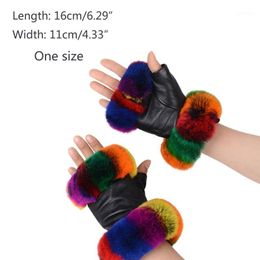 Five Fingers Gloves Women Winter Faux Leather Half Finger With Colorful Fluffy Plush Trim 50JB1
