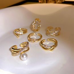 Cluster Rings Trendy 14K Real Gold Screw Geometry Pearl For Women Adjustable Opening Design Accessories Jewellery Shiny Zircon Weddings