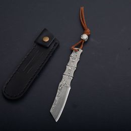 High Quality Small Damascus Fixed Blade Knife VG10 Damascus Steel Tanto Point Blades Full Tang Bamboo Handle With Leather Sheath