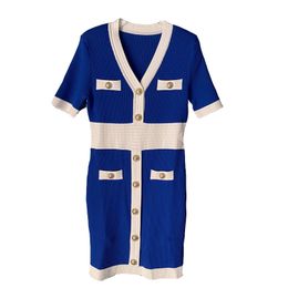 226 L 2022 Runway Dress Spring Summer Dress Brand Same Style Empire Short Sleeve V Neck White Black Blue Flora Print High Quality Above Knee LANYI