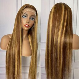 13x4 Lace Front Human Hair Closure Wig Brazilian Straight Human Hair Wigs HD Transparent Ombre Highlight seamlessBrown Blonde Coloured