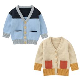 0- Baby Boy Girl NEW Baby Girl Fashion Kitted Long-sleeved Cardigan Fresh Colour Contrast V-neck Knitted Soft Jacket Autumn LJ201007