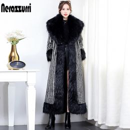 Nerazzurri Extra long warm Colourful faux fur coat with fox fur trim 5xl 6xl plus size for women fashion Winter fluffy overcoat 201210