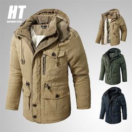 Winter Men Hooded Parkas Jacket Mid-length Fleece Thick Cotton-padded Jackets Men Multi-pocket Casual Overcoat Fur Linner Coats 211216