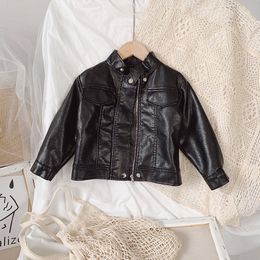 Baby Girls Leather Jacket Autumn New Children's Stand-up Collar Motorcycle Clothing for Kids Black Outwear Coat 1-7Y 201126