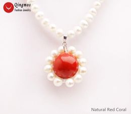 -Collares colgantes Qingmos Moda 30mm Collar de perlas naturales para mujeres con 6-7mm Blanco 18 mm Joyería de coral rojo 17 "NEC65331