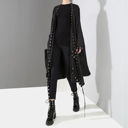 New Korean Woman Solid Black Unique Cape Style Jacket Open Design Big Size Long Tape Metal Holes Ladies Loose Jacket Cloak 3843