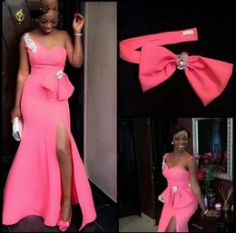 Hot Pink Mermaid African Bridesmaid Dresses With Bow Belt One Shoulder Side Slit Plus Size Maid Of Honour Wedding Party Dress V5