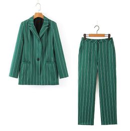 Women Elegant Pant Suits 2 Piece Sets Striped Green Blazer And Jacket Vintage Striped Wide Leg Pants Women Chic Outfit Suits 200922