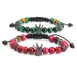 New Design Fashion Couples Crown Bracelets With 8mm Green & Rose Natural Tiger Eye Stone Beads Beaded Bracelet Attractive Jewellery For Lover