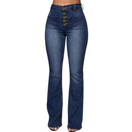 Washed High Waist Button Boot-cut Jeans Women Casual Long Pants Trousers -MX8 210203