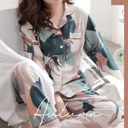2PCS /Sets Women Floral Printed Pyjamas Sets Long Sleeve Homewear Turn-down Collar Pyjama Sleepwear Winter Night Suit M/XXL 201109