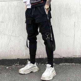 Men Cargo Pants Multi-pocket Harem Joggers Pants Harajuku Sweatpant Hip Hop Casual Harem Tide Male Black Ribbons Trousers #4 G220224