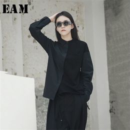 [EAM] 2020 New Spring Autumn Lapel Long Sleeve Hit Color Loose Brief Irregular Stitching Shirt Women Blouse Fashion Tide LJ200815