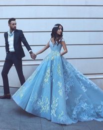 Arabic Dubai Style Light Blue Ball Gown Sweet Quinceanera Party Dress Off The Shoulder Evening Dress