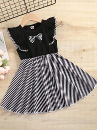 Toddler Girls Striped Print Ruffle Trim Bow Front Dress SHE