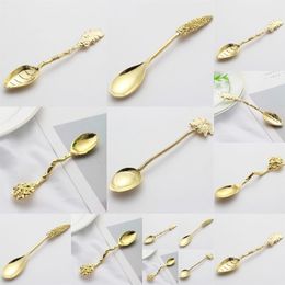 Gold Plated Retro Spoon Coconut Tree Leaves Branchs Plants Carving Ladle Metal Home Hotel Table Decorative Spoons 2 2sd G2