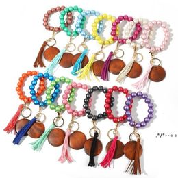 Favour Pearlescent Colour Wooden Beads Keyring Velvet Tassel Bracelet Keychain Monogrammed Engrave Wood Chip Bangle Key Ring RRB14100