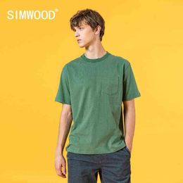 SIMWOOD 2021 summer new t-shirt men fashion chest pocket loose 100% cotton tshirt plus size tops brand clothing SJ170719 G1229