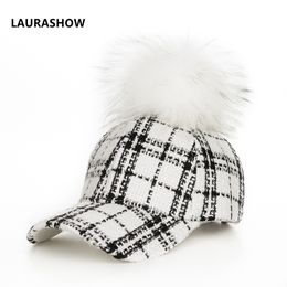 LAURASHOW 16cm Real Raccoon Fur Ball Pompoms Warm Cap Winter Baseball Cap Women Knit Wool Hat J1225
