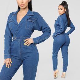 hot style sexy women s deep V wash water cowboy jumpsuits standard code of Europe and America T200107