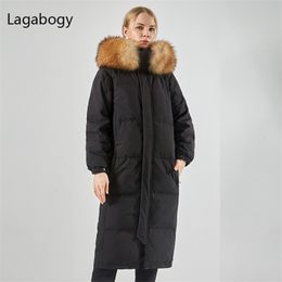 Lagabogy Women Winter 90%White Duck Down Coat Long Parka Female Hooded Waterproof Thick Puffer Jacket Large Real Raccoon Fur 211221