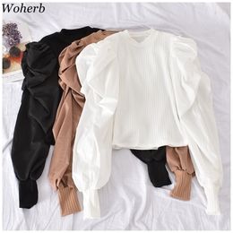 Woherb White Solid Puff Long Sleeve Blouse Women Tops Office Lady Spring Summer O-Neck Elegant Knitted Slim-fit Shirt Blouses 201202