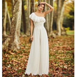 Simple Ivory Jumpsuits Wedding Dress 2023 New One Shoulder Ruffles Country Bridal Gowns Women Casual Pant Suits Reception Dresses