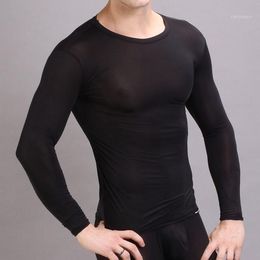 Undershirts Wholesale-Mens Sexy Transparent Undershirt Exotic Smooth Sheer Underwear Tops Long Sleeves Fitness Gym Sports T Shirt1