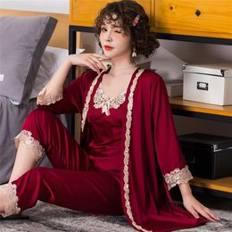 Satin Women 3PCS Pajamas Sets Strap Top&Pants&Robe&Shorts Suit Silky Nightwear Kimono Robe Casual Lace Bathrobe Gown Home Wear Y200708