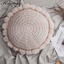 REGINA INS Cute Sunflower Throw Pillow Tassel Pompom Knitted Round Cushion Beige Home Decor Sofa Pillows Hand Rest Seat Cushions 201026