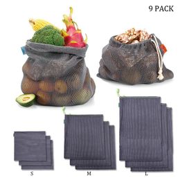 9/8/6pcs Reusable Mesh Bags Cotton Fruit And Vegetable With Drawstring Home Kitchen Storage Produce Bags Machine Washable 201021