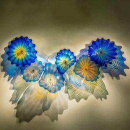Glass Lamp Hand Blown Murano-Glass Plates Sconce Abstract Flower Art Lamps Blue Shade Nordic Living Room Wall Decoration