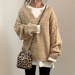 Autumn And Winter Knitted Sweater Twist Pattern Loose Casual Ladies Sweater V-neck Long-sleeved Pullover Lazy Style Sweater Coat 201223