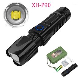 Powerful LED XHP90 Lamp Bead 62000LM Tactical Waterproof Torch Smart Chip Control With Bottom Attack Cone Flashlights Torches