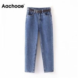 Aachoae Fashion Women Mom Jeans With Belt Cowboy Long Trousers Boyfriend Stretch Jeans Casual Female Washed Denim Harem Pants 201029