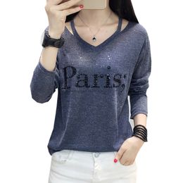 Tee Shirt Femme V-Neck T-Shirt Women Clothes Autumn Casual Diamonds Letter Tshirt Long Sleeve Tops Korean Woman Clothes 201029