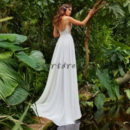 Summer Forset Country Wedding Dreses With Slit Simple Full Length Chiffon Lace Bohemian Garden Wedding Dress Cheap Backless Boho Bridal Gown