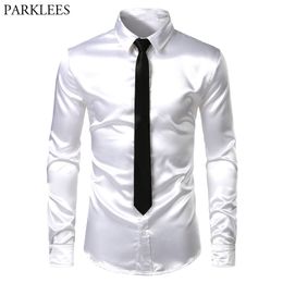 Men's 2 Pieces (Shirt+Tie) White Silk Satin Dress Shirts Slim Fit Long Sleeve Button Down Shirt Male Wedding Party Prom Chemise 201120