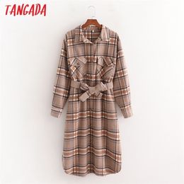 Tangada Women Vintage Plaid Thick Long Wool Coats Loose Long sleeves pocket Winter OL Elegant coat 1D29 201210
