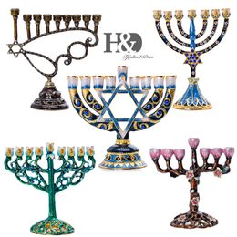 H&D 5 styles Hanukkah Hand Painted Enamel Menorah Candelabra Chanukah Temple Candlesticks 9 Branch Star of David Candle Holder Y200109