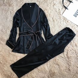 Daeyard High Grade Silk Satin Women Pyjama Set Long Sleeve Robe And Pants Female Autumn Bathrobe Suit Elegant Sleepwear Homewear 201217