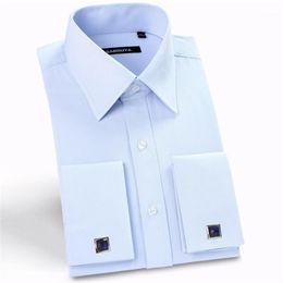 Men's Casual Shirts Wholesale- 2021 Men's France Cuff Button Dress Solid Turn Down Collar Long Sleeve Banquet Men Fit Formal Shirt (Cuf