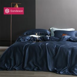 Sondeson Beauty 100% Silk Dark Blue Bedding Set 25 Momme Silk Healthy Skin Luxury Duvet Cover Bed Linen Double Queen King Set 201120