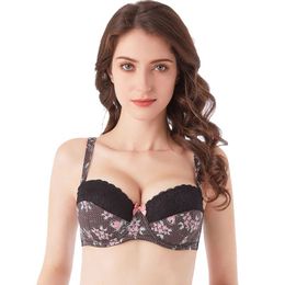 MiaoErSiDai Floral Print Strapless Bra Women Bralette Lace Stitch Balconette Bra Adjustable Straps Push Up Sexy Girls Underwear 201202