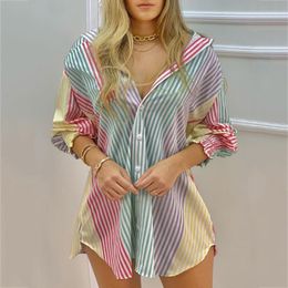 Casual Dresses Women Colourful Stripe Print Ruched Long Sleeve Irregular Shirt Robe Button Blouse Party Beach Mini Dress Vestido