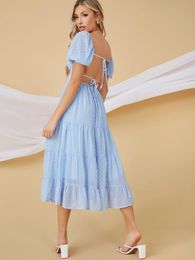 Clip Dot Puff Sleeve Tiered Ruffled Midi Dress SHE