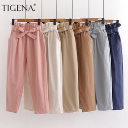 TIGENA Cute Bow Belt Pants For Women Summer Ankle Length High Waist Trousers Women Korean Pink Yellow Harem Pants Female 201031